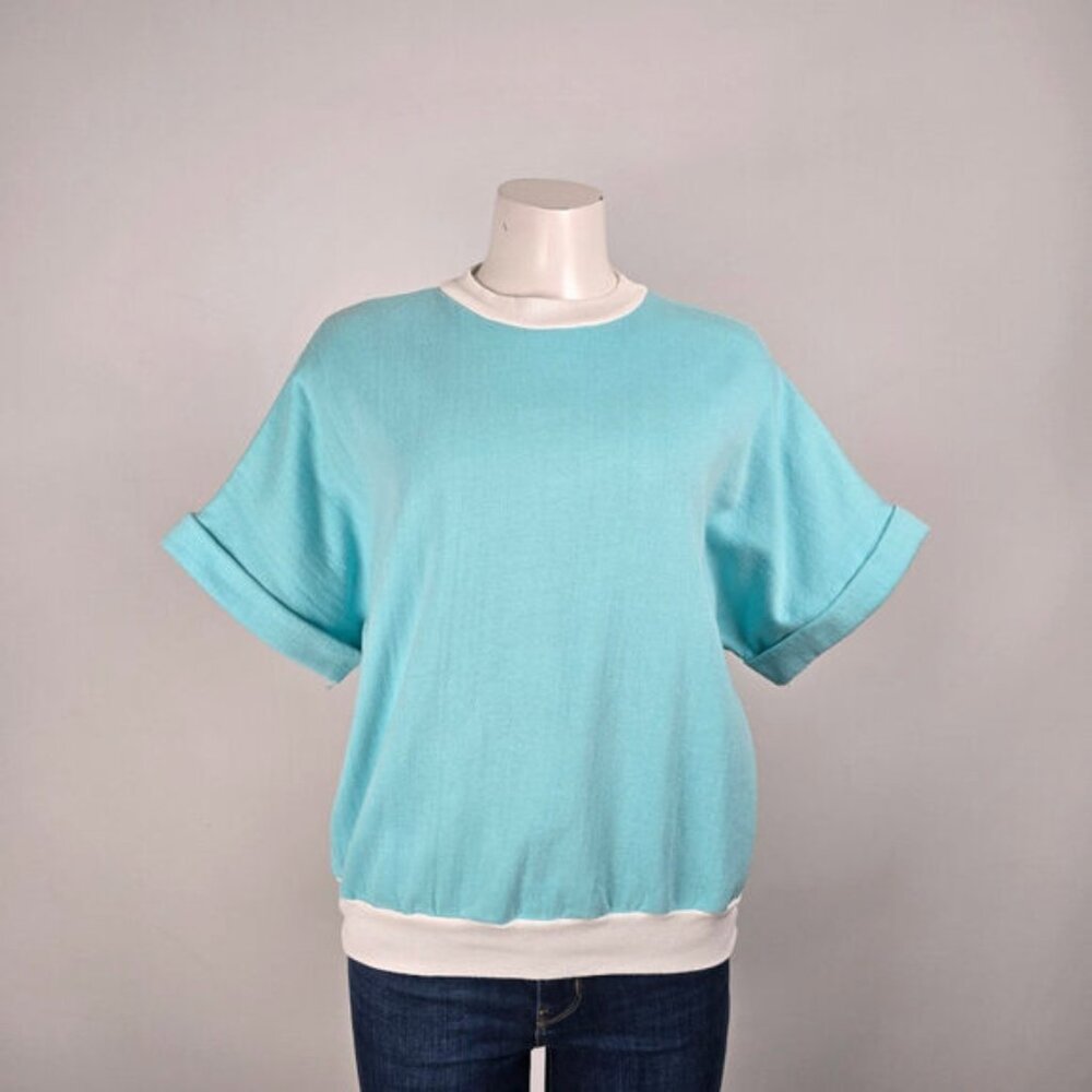 Vintage Royal Knit Wear Cotton Blue Short Sleeve Sweatshirt Size L